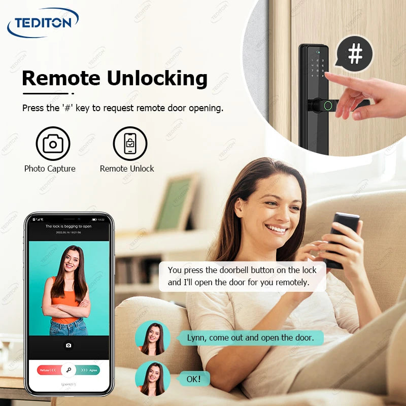 Tediton Waterproof Biometric Digital Fingerprint Smart Camera Door Lock With Tuya Wifi for Home Apartment