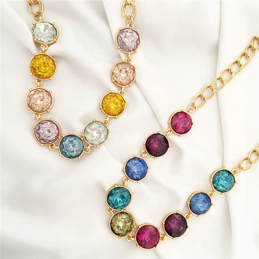 New Arrivals Gold Color Multi Stone Green Navy Red Olive Yellow Sky Colorful Statement Necklace For Women Soft Pastel Decoration