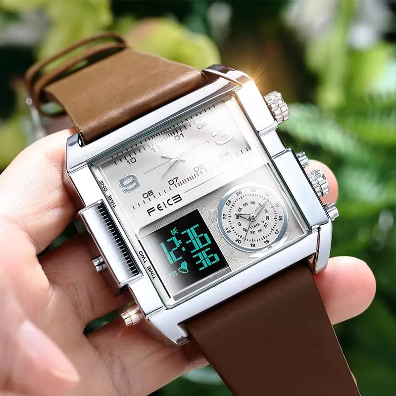 FELCE FK030 Analog Quartz Watches Big Square Dial Digital LED Waterproof Wristwatch Business Leather Strap Men's Watches for Men