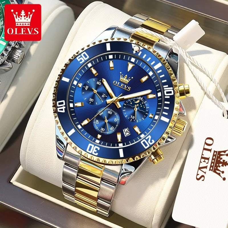 OLEVS 2870 Luxury Quartz Watch for Men Stainless Steel Waterproof Top Men's Watches Moon Phase Date Chronograph Sports Man Watch