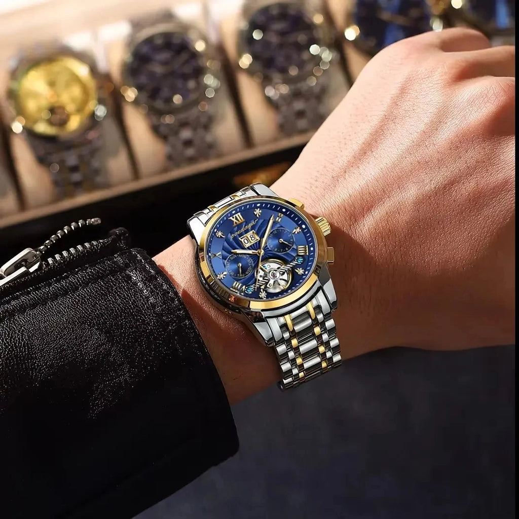 POEDAGAR 1408 Luxury Hollow Tourbillon Automatic Mechanical Men Wrist Watch Waterproof Date Stainless Steel Belt Men's Watches