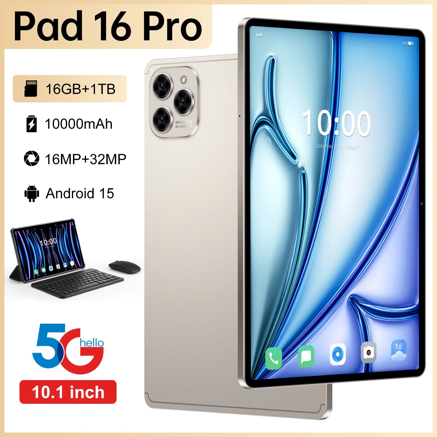Wholesale 5GTablet Tablet for Pad 16 Pro | 10.1" 16GB+1TB Android 15 | 10000mAh Battery 5G WiFi