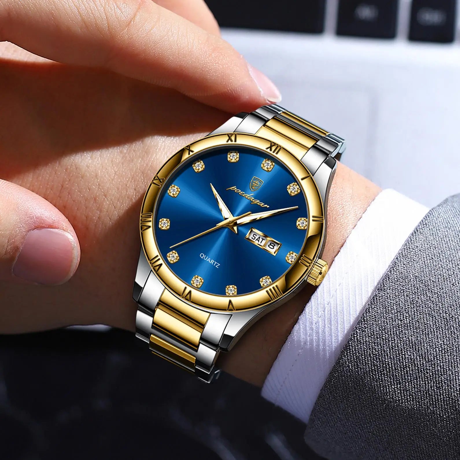 POEDAGAR 878 Top Luxury Watch Man Date Week Waterproof Luminous Man Wristwatch Quartz Stainless Steel Men's Watches Sports Reloj