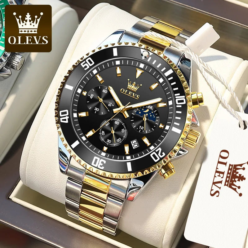 OLEVS 2870 Luxury Quartz Watch for Men Stainless Steel Waterproof Top Men's Watches Moon Phase Date Chronograph Sports Man Watch