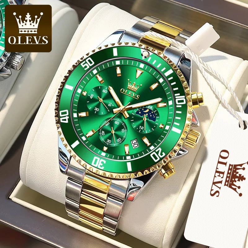 OLEVS 2870 Luxury Quartz Watch for Men Stainless Steel Waterproof Top Men's Watches Moon Phase Date Chronograph Sports Man Watch