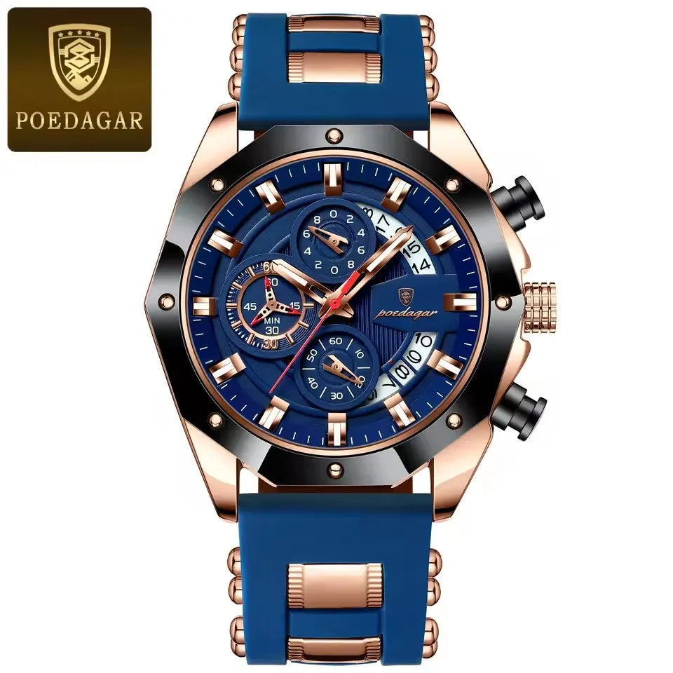 POEDAGAR 913 Luxury Men Watch Waterproof Luminous Date Sport Man Wristwatch Chronograph Silicone Strap Quartz Men's Watches