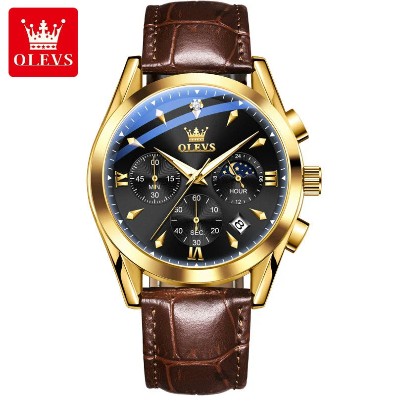 OLEVS New TOP Luxury 3609 Band Wristwatch Men Leather Strap Watch Men Auto Date Chronograph Moon Phase Waterproof Men's Watches