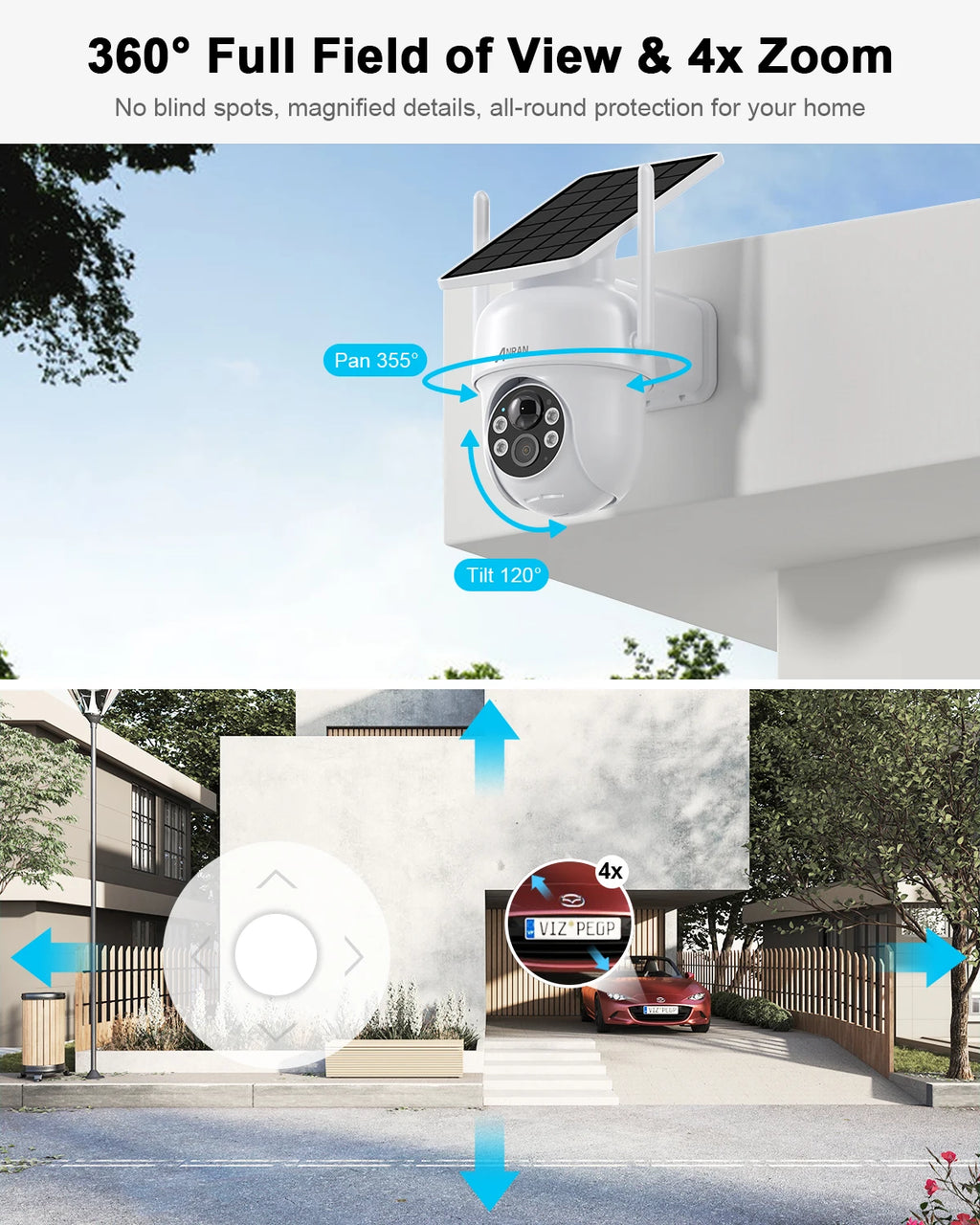 ANRAN 2K Solar Powered Security Camera Outdoor,2.4G WiFi,CCTV Wireless Camera Home,2 Way Audio,Human Detection,IP65 Waterproof