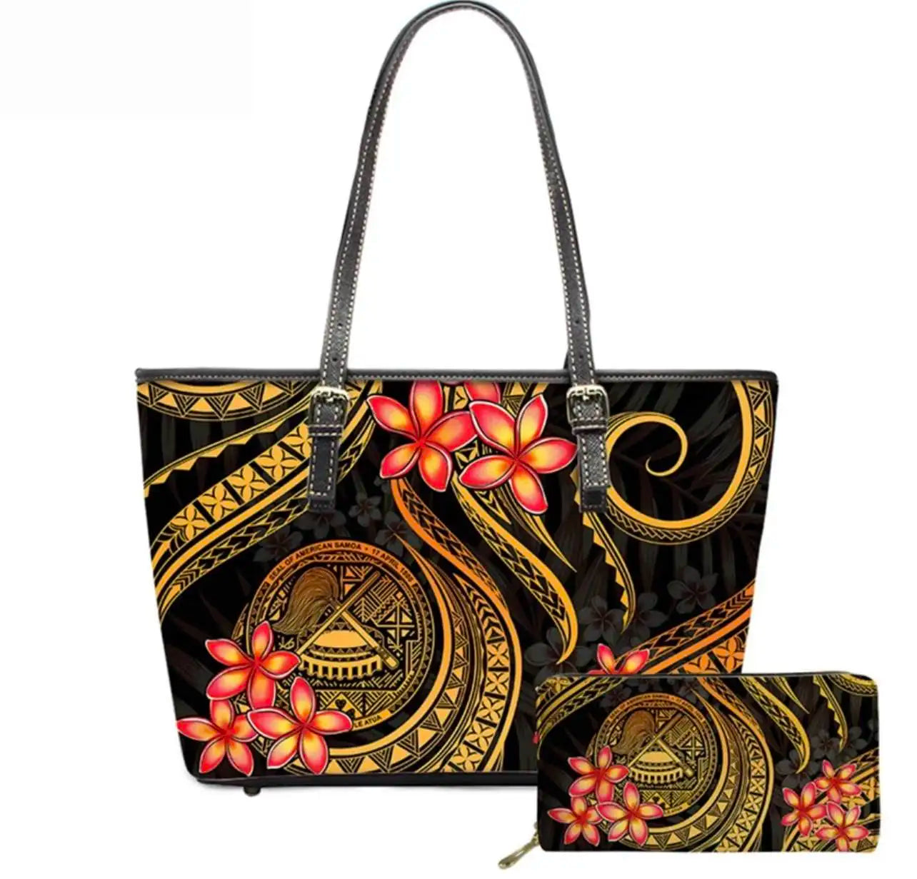 Hawaiian Flower Polynesian Design Print Women Handbags and Purses Set Customized Large Leather Tote Matching Long Zipper Wallet