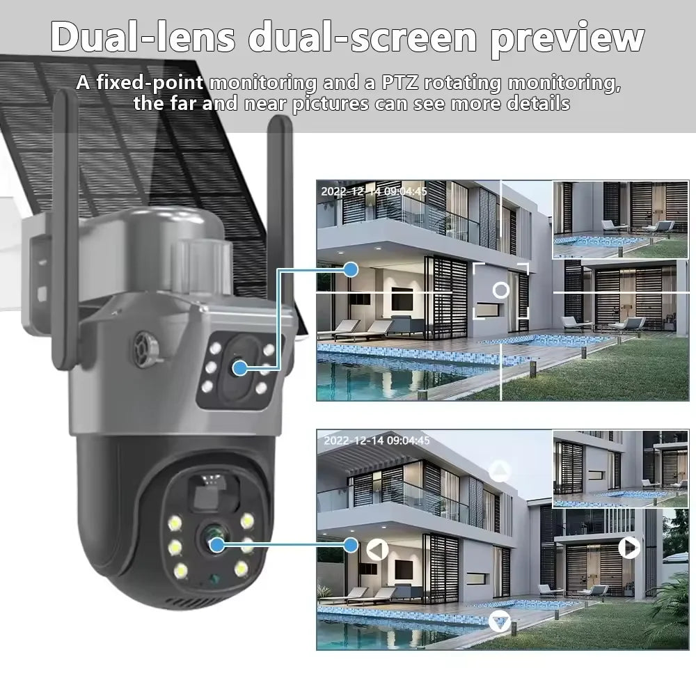 New  V380 Dual Len 6MP Solar Battery Powered Camera Solar Power CCTV 4G IP PTZ Dual Lens Camera