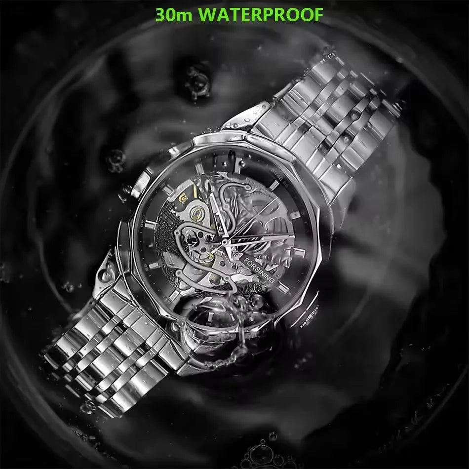 FORSINING Gold Mechanical Watches Waterproof Skeleton Automatic Movement Watch for Men Luxury Stainless Steel Men's Watches