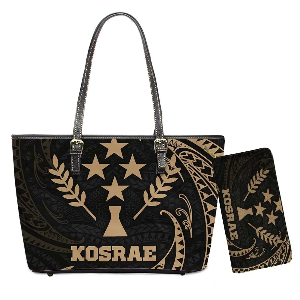 Hawaiian Flower Polynesian Design Print Women Handbags and Purses Set Customized Large Leather Tote Matching Long Zipper Wallet