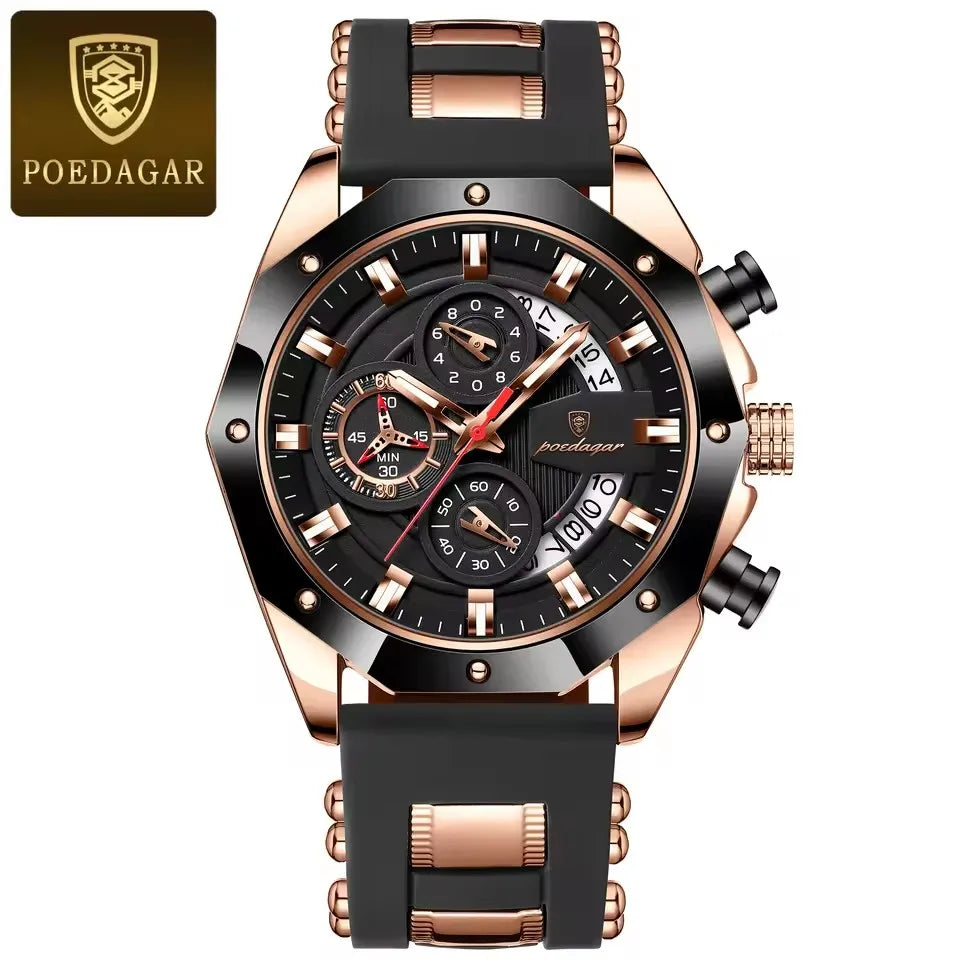 POEDAGAR 913 Luxury Men Watch Waterproof Luminous Date Sport Man Wristwatch Chronograph Silicone Strap Quartz Men's Watches