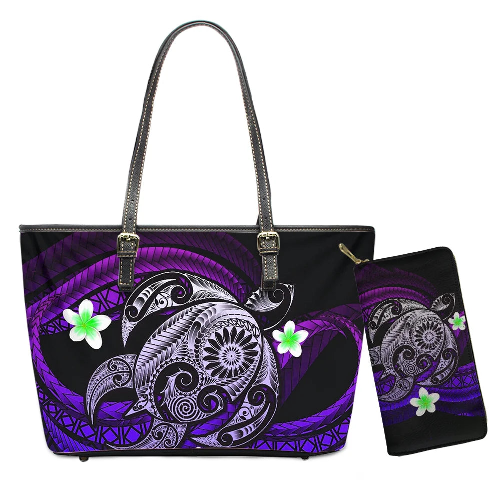 Hawaiian Flower Polynesian Design Print Women Handbags and Purses Set Customized Large Leather Tote Matching Long Zipper Wallet