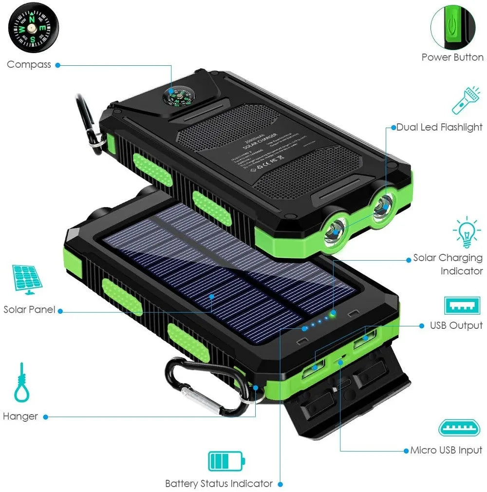 8000mAh 10000 Portable Solar Power Bank Charging Poverbank Three Defenses External Battery Charger Strong LED Light Double USB
