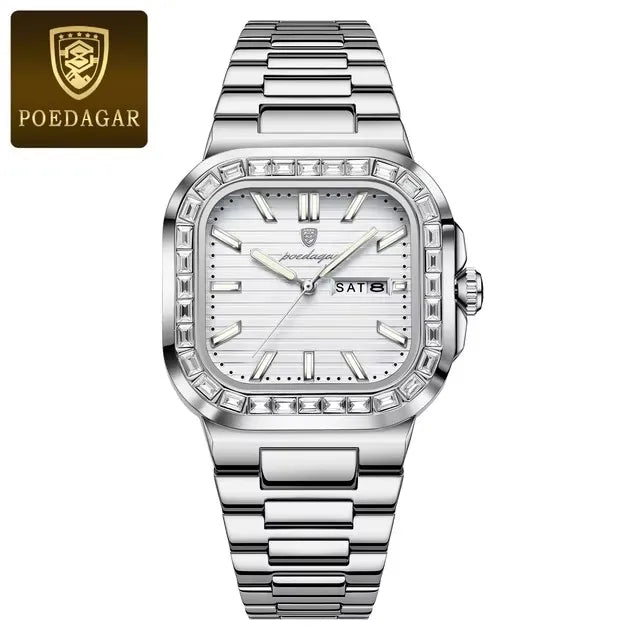 POEDAGAR Luxury Watch for Men Waterproof Luminous Date Week Man Wristwatch Stainless Steel Square Diamond Quartz Men's Watches