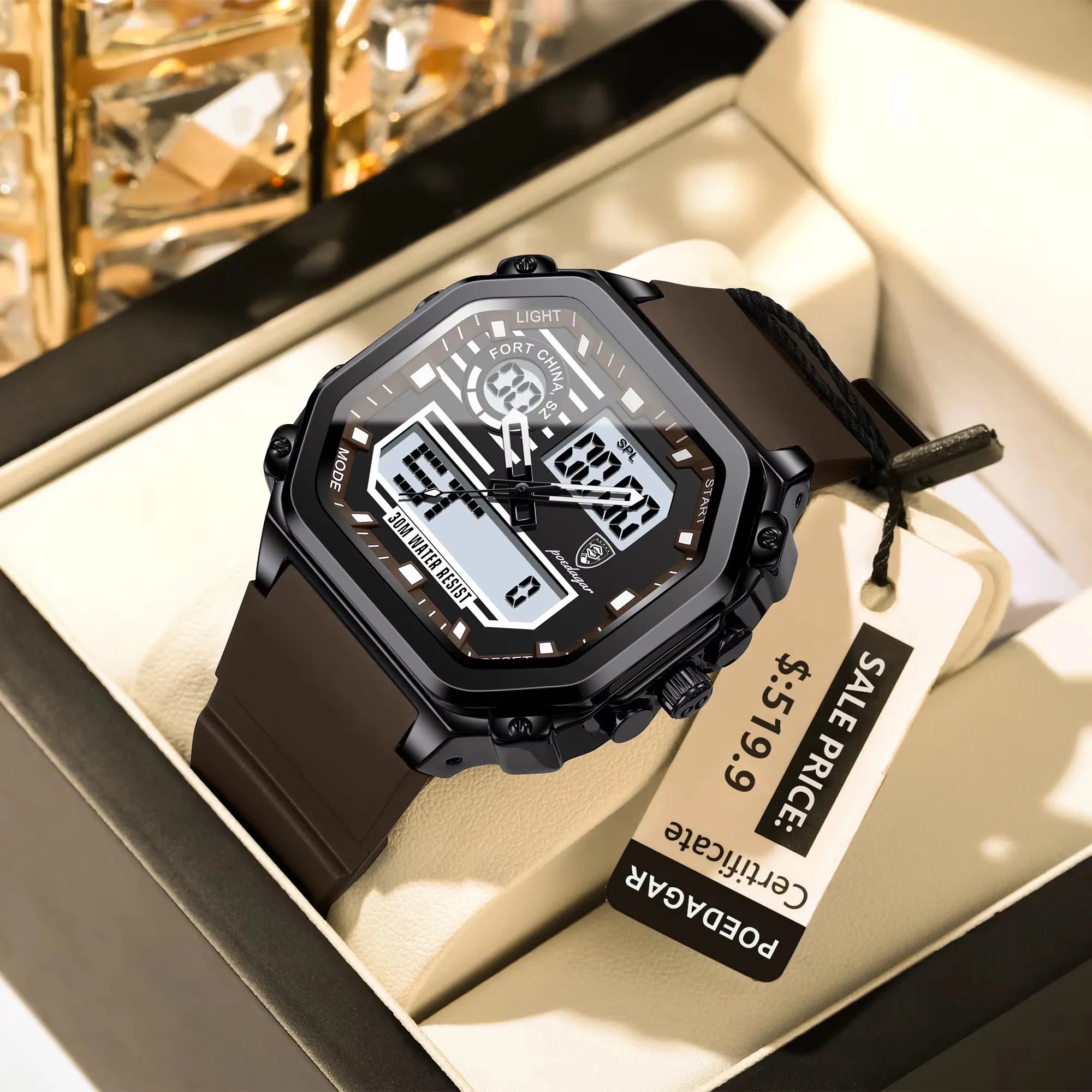 POEDAGAR 993 Luminous Week Date Square Wristwatch Sports LED Men Watch Waterproof Silicone Strap Electronic Quartz Men's Watches
