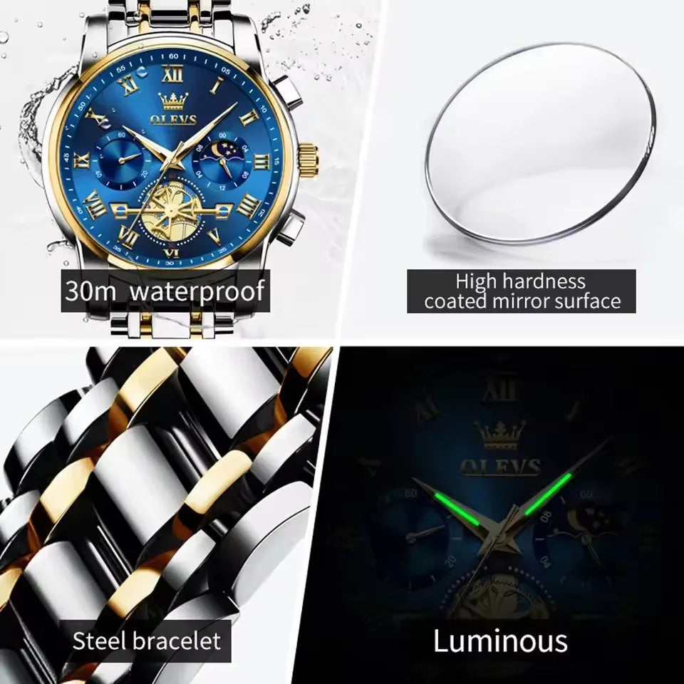 OLEVS 2856 Men's Watches Classic Multifunctional Flywheel Design Stainless Steel Waterproof Moon Phase Men's Wristwatches Trend