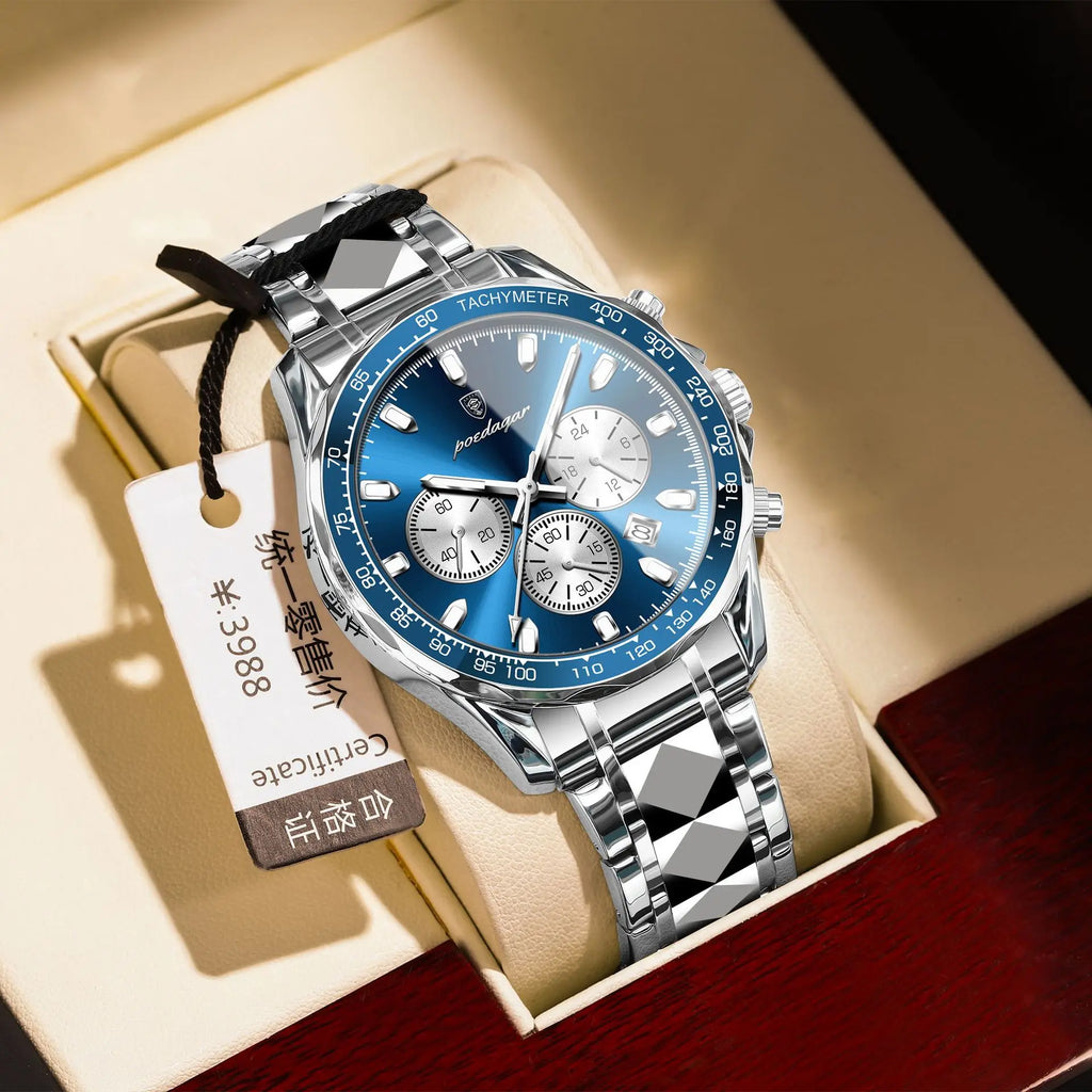 POEDAGAR 815 Sports Quartz Watches Men Stainless Steel Waterproof Calendar Watch Wrist Luminous Hands Men's Watches Reloj Clock
