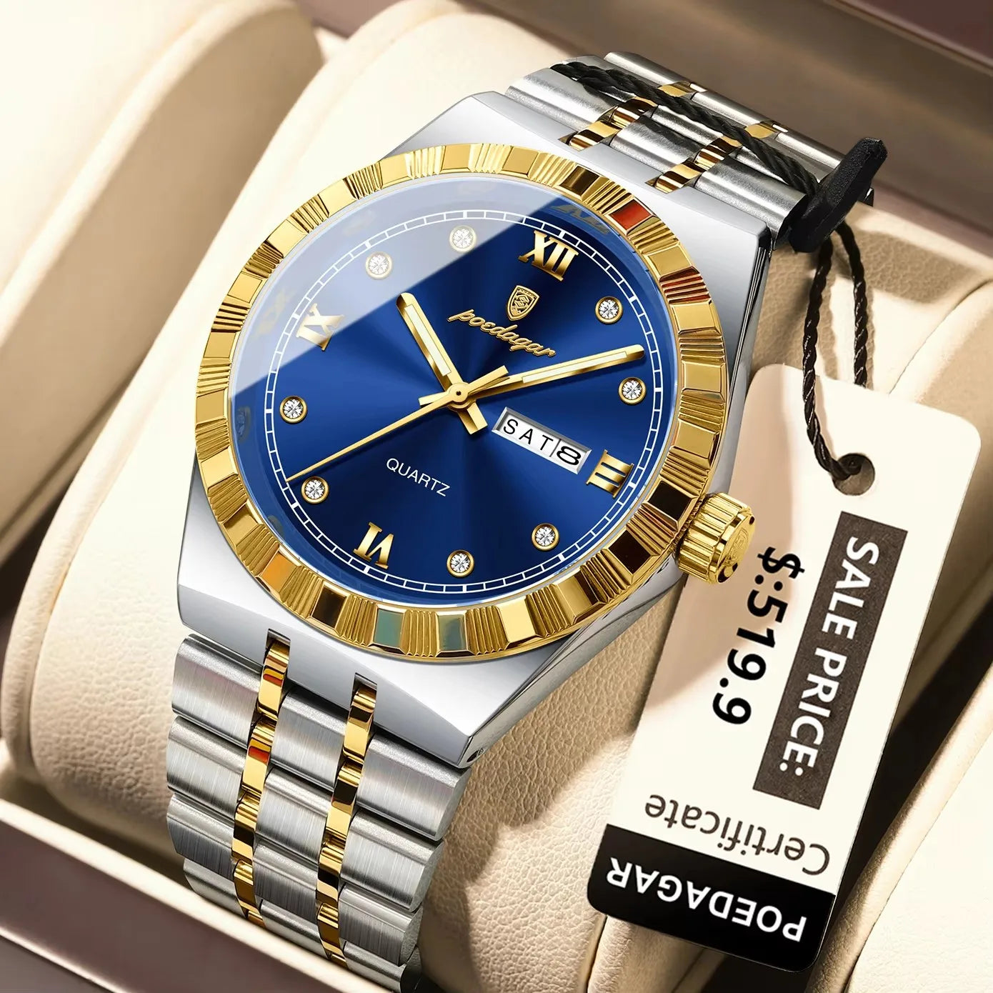 POEDAGAR 872 Week Date Watch Men Life Waterproof Original Diamond Wristwatch Quartz Reloj Luminous Stainless Steel Men's Watches