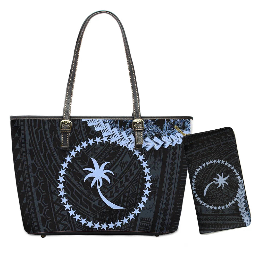 Hawaiian Flower Polynesian Design Print Women Handbags and Purses Set Customized Large Leather Tote Matching Long Zipper Wallet