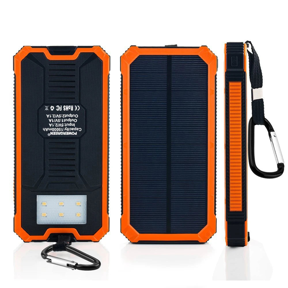 15000mAh Waterproof Solar Power Bank Dual USB Ports Camping Phone Charger External Backup Battery Pack Holder for Cell Phones