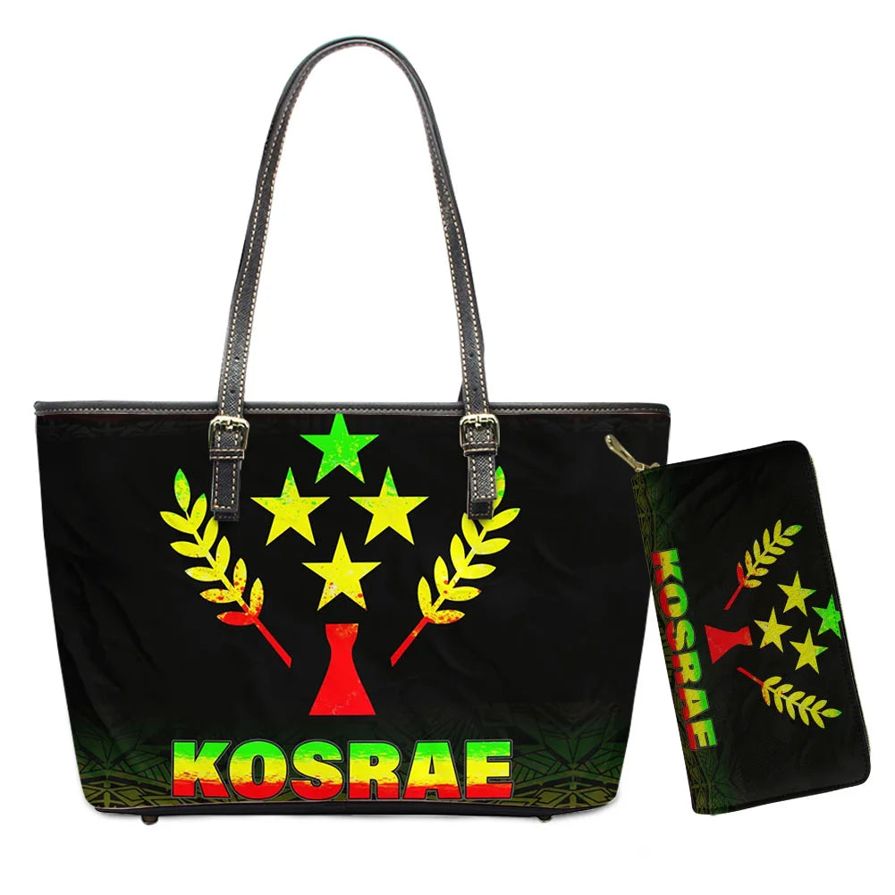 Hawaiian Flower Polynesian Design Print Women Handbags and Purses Set Customized Large Leather Tote Matching Long Zipper Wallet