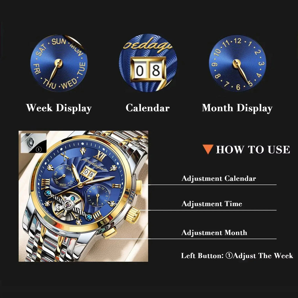 POEDAGAR 1408 Luxury Hollow Tourbillon Automatic Mechanical Men Wrist Watch Waterproof Date Stainless Steel Belt Men's Watches