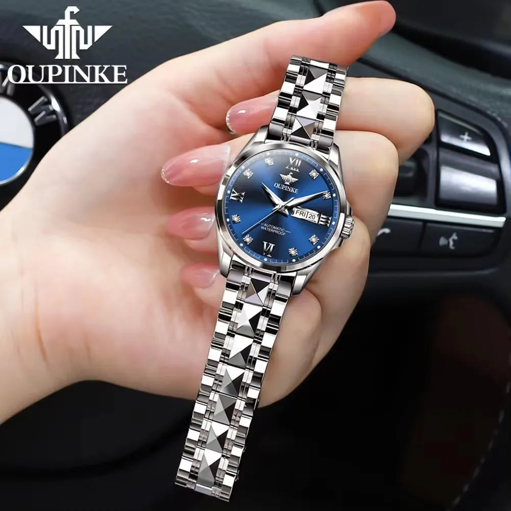 Oupinke 3262 Women's Watches Elegant Trend Girl Silver Tungsten Steel Strap Classic Calendar Date Chronograph Ladies Wristwatch