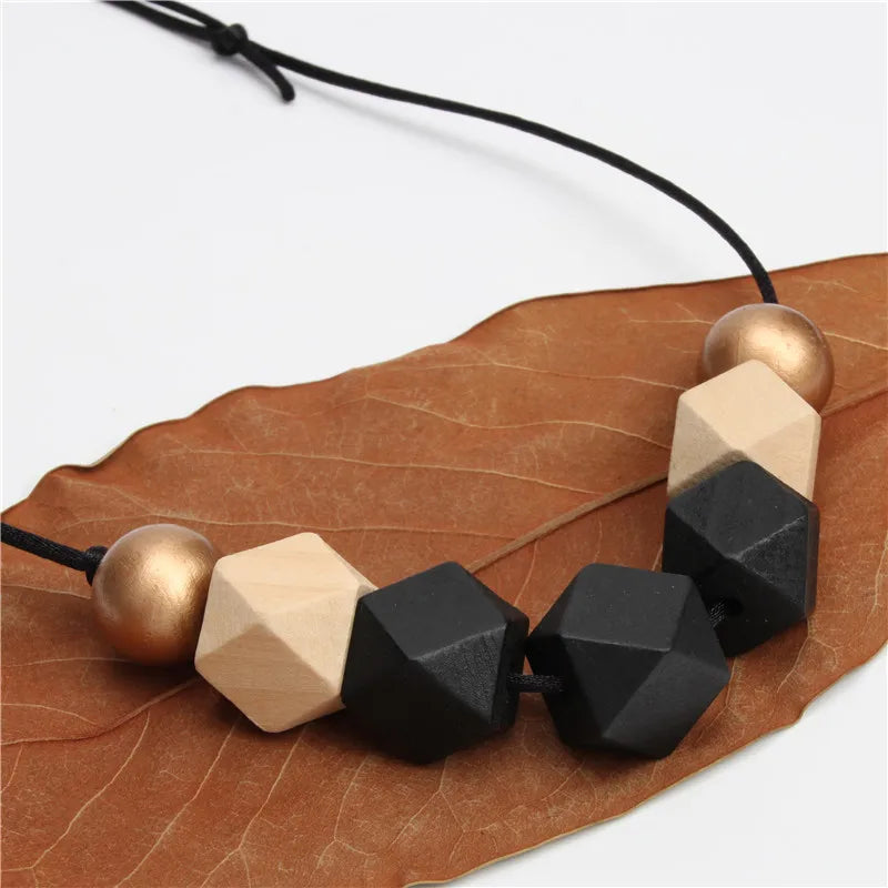 New Wood Geometric Necklace Painted Chunky Faceted Wooden Beads Ball Chunky Leather Cord Brown Black Statement