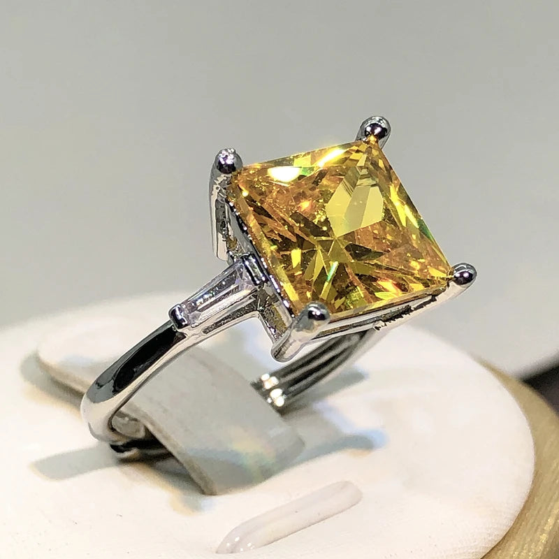 925 Silver Cute Female Yellow Stone Ring Silver Color Wedding Jewelry Crystal Promise Engagement Rings For Women