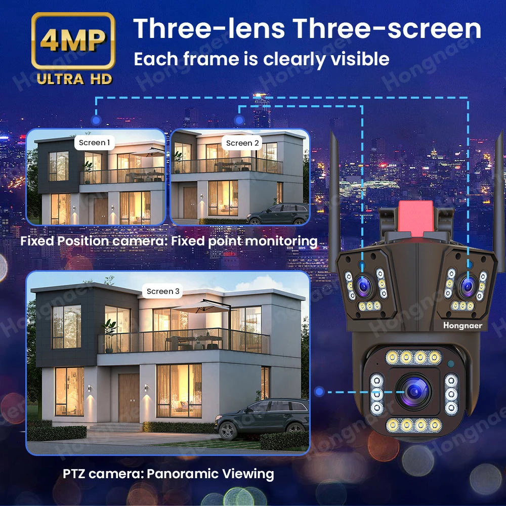 New Trend 12MP WiFi IP 3 Lens PTZ Camera Home Surveillance 6K Outdoor WiFi Security CCTV Network Cameras