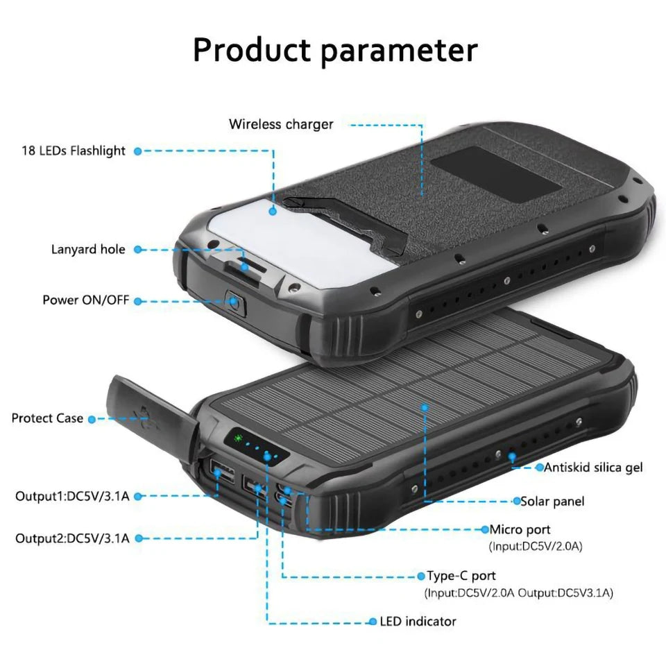 New IP65 Waterproof Power Bank 20000mAh Wireless Dual USB Solar Power Bank