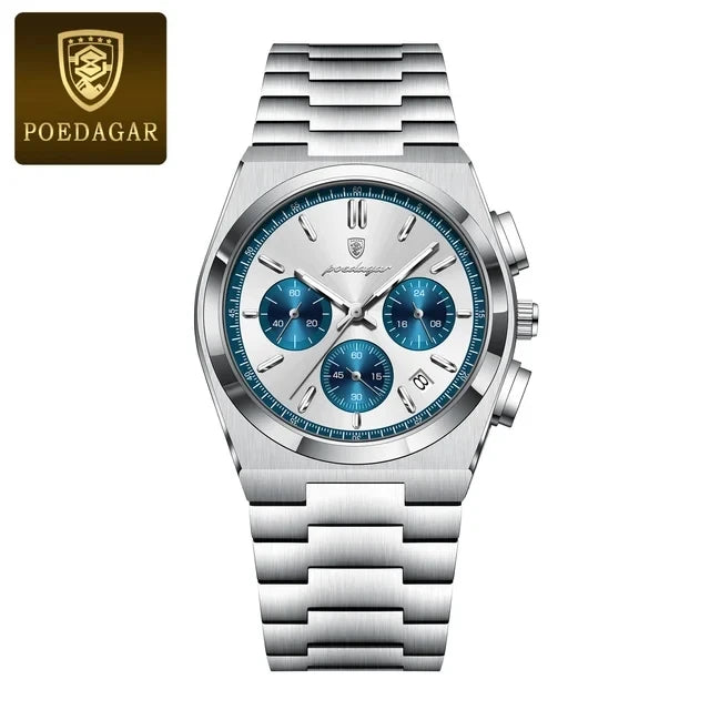 POEDAGAR 970 New Luxury Man Quartz Watch Sport Watch for Men Waterproof Luminous Date Chronograph Stainless Steel Men's Watches