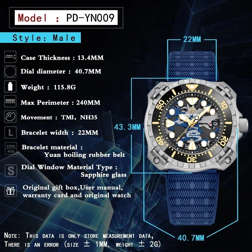 PAGANI DESIGN PD-YN009 Top Luxury Sapphire Stainless Steel 200m Waterproof Watch for Men NH35 Automatic Mechanical Men's Watches