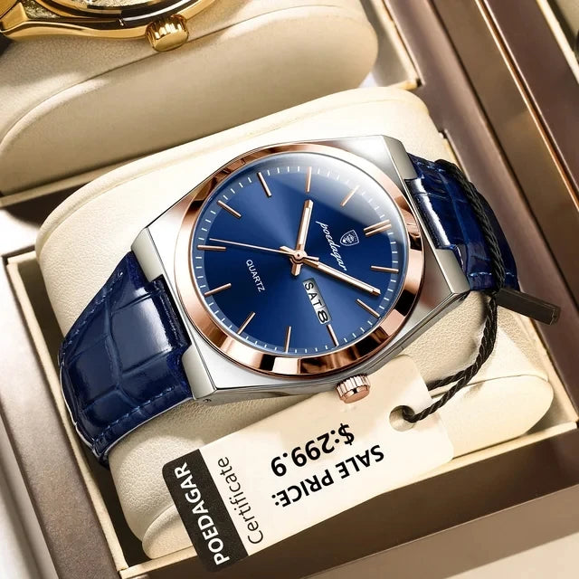 POEDAGAR 930 Luxury Watch for Man Waterproof Luminous Date Week Leather Men Watch Casual Quartz Men's Watches Male Clock