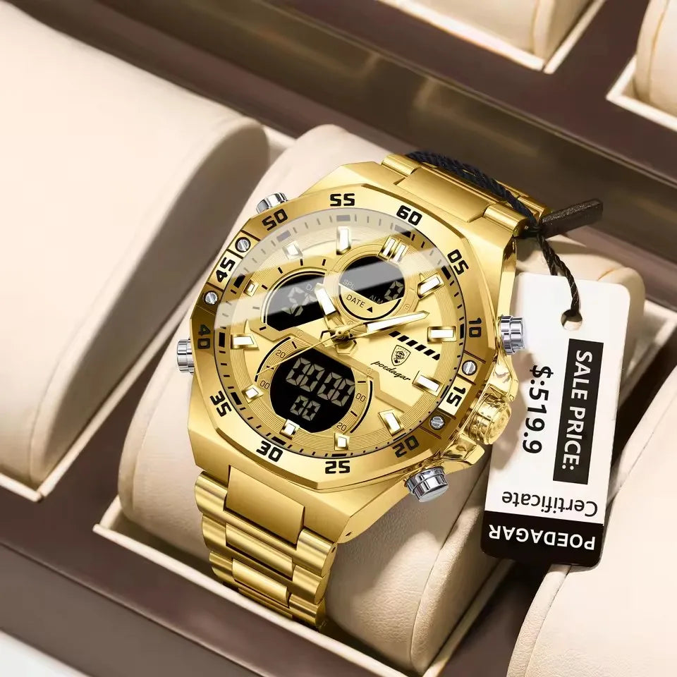 POEDAGAR E101 Stainless Steel Belt Dual Display Brand Fashion Men's Watches Multi Functional Luxury Quartz Digital Watch for Men