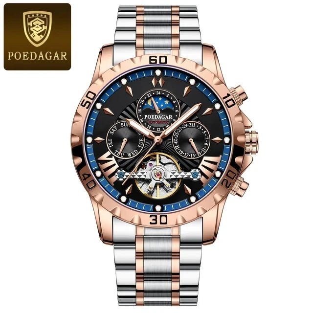 POEDAGAR Luxury Automatic Mechanical Men Watch Tourbillon Waterproof Luminous Date Week Wristwatch Stainless Steel Men's Watches