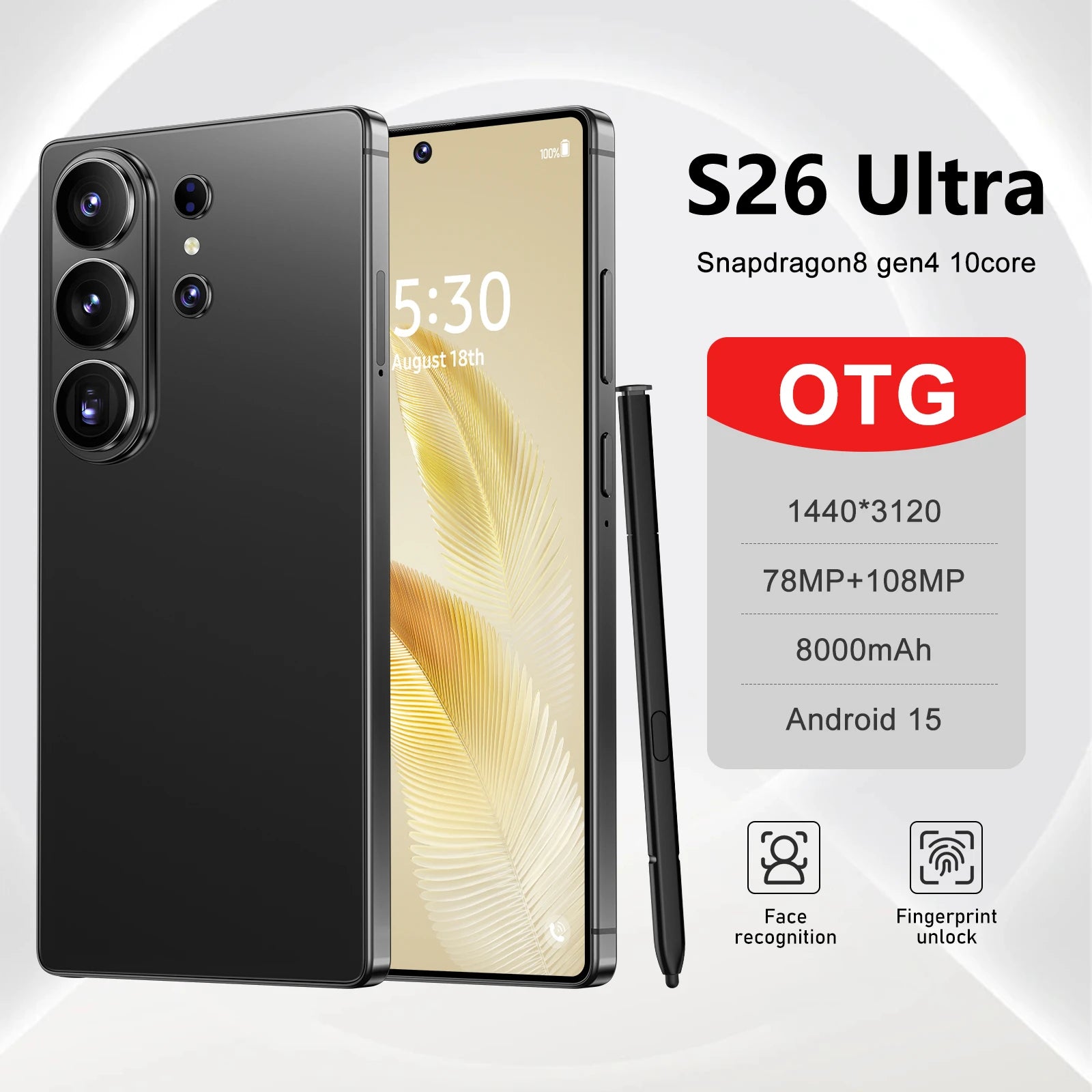 For S26 Ultra 5G Android 15 Octa Core Smartphone French OLED 144Hz Display Above 8000mAh Battery Gaming Phone