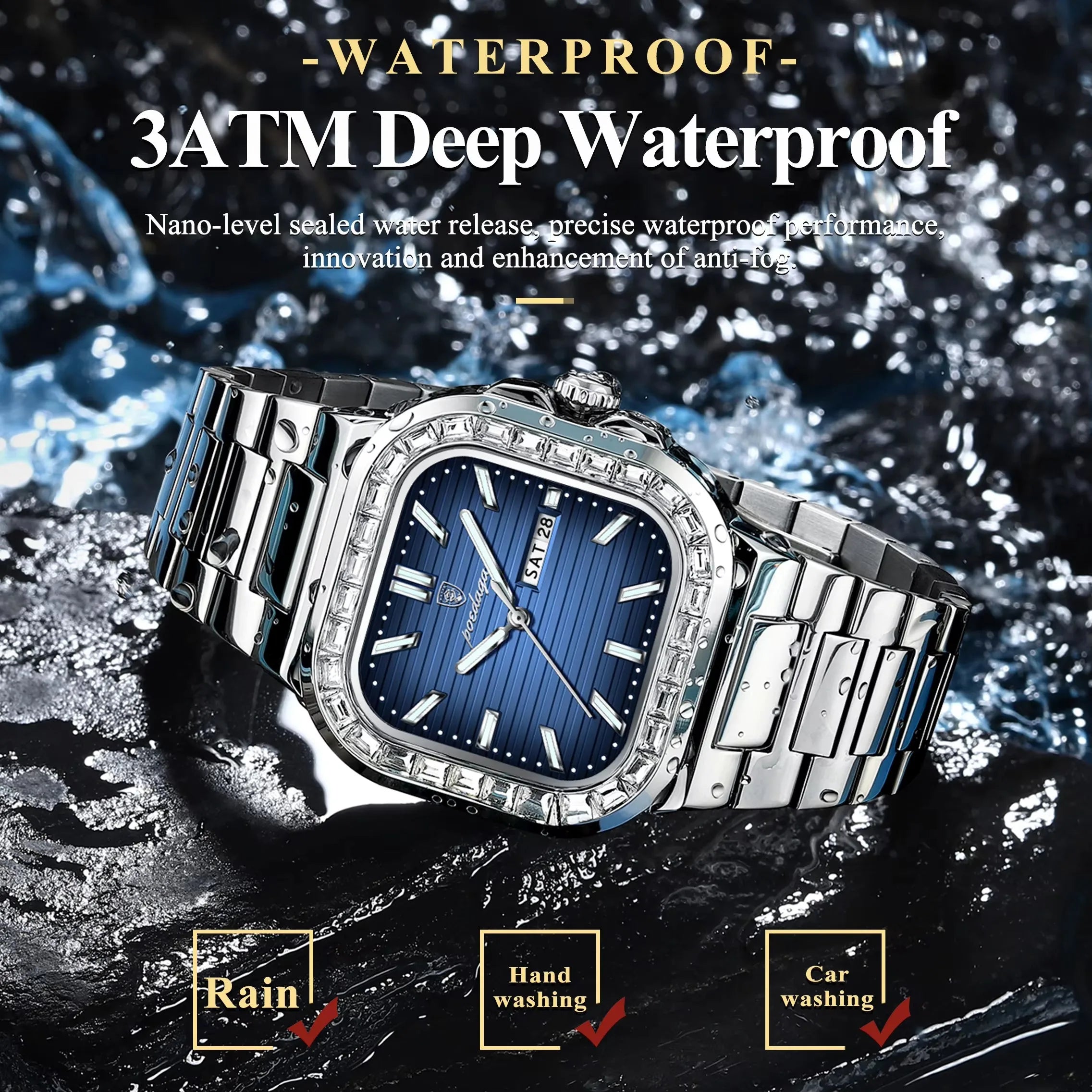 POEDAGAR Luxury Watch for Men Waterproof Luminous Date Week Man Wristwatch Stainless Steel Square Diamond Quartz Men's Watches
