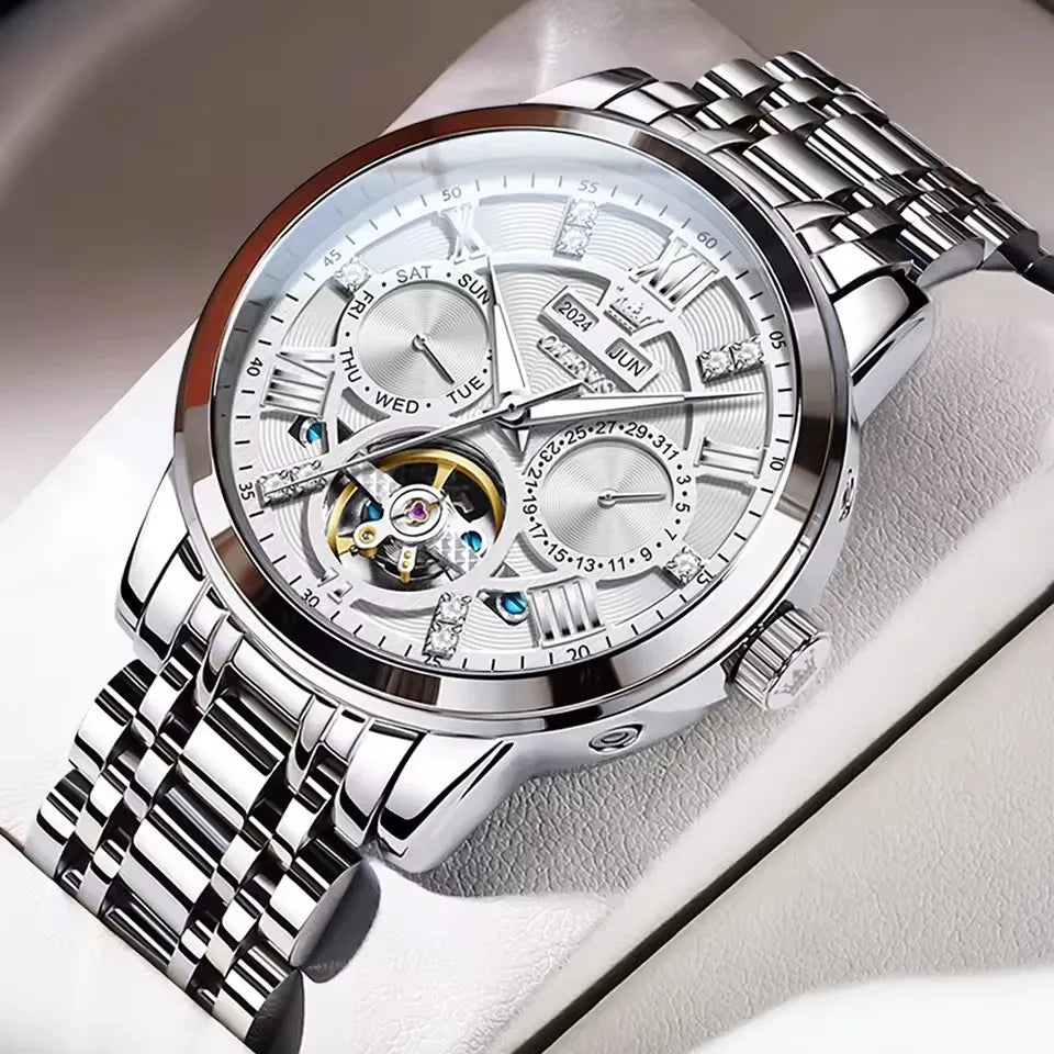 OLEVS 6701 Tourbillon Mechanical Skeleton Hollow Out Men's Watches Automatic Stainless Steel Strap Original Wristwatch for Men