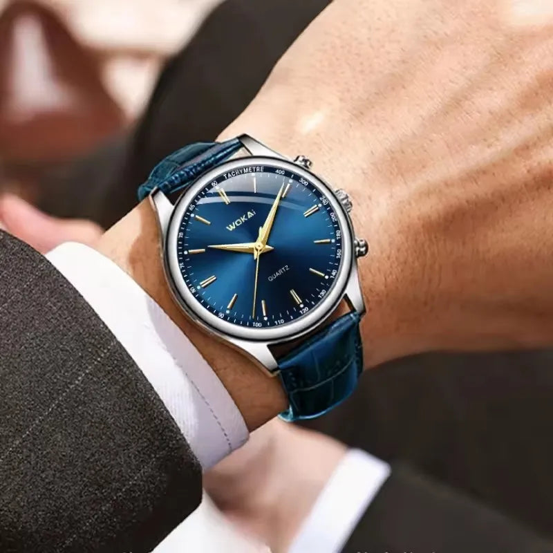 Wokai 8018 New Arrive Fashion Business Watch Men's Watches Casual Leather Band Quartz Luxury Wristwatches Men Clock Relogio