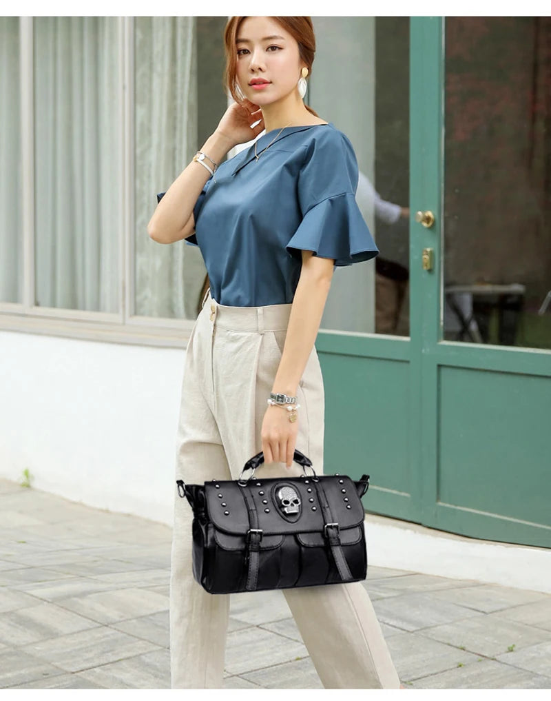 Punk Style Women Handbags Pu Leather Skull Tote Bag Black Large Capacity Shoulder Bags  Luxury Crossbody Bags