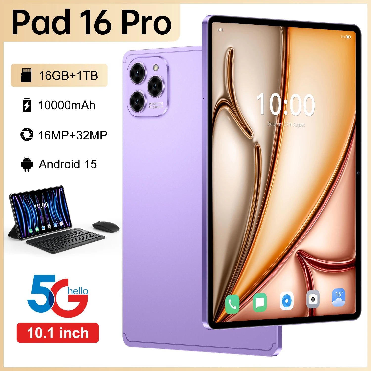 Wholesale 5GTablet Tablet for Pad 16 Pro | 10.1" 16GB+1TB Android 15 | 10000mAh Battery 5G WiFi