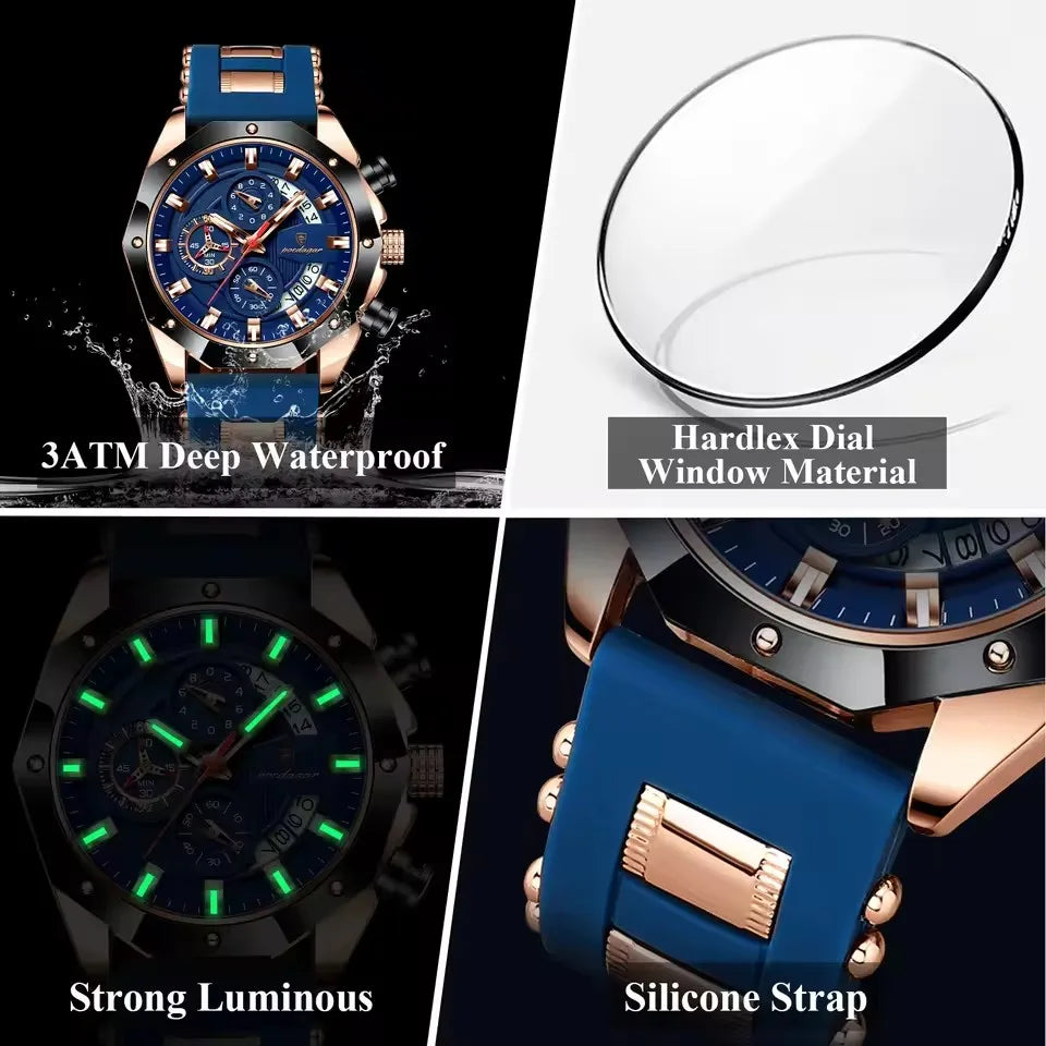 POEDAGAR 913  New Men's Watches Silicone Strap Quartz Luxury Fashion Waterproof Luminous Sport Business Wristwatch
