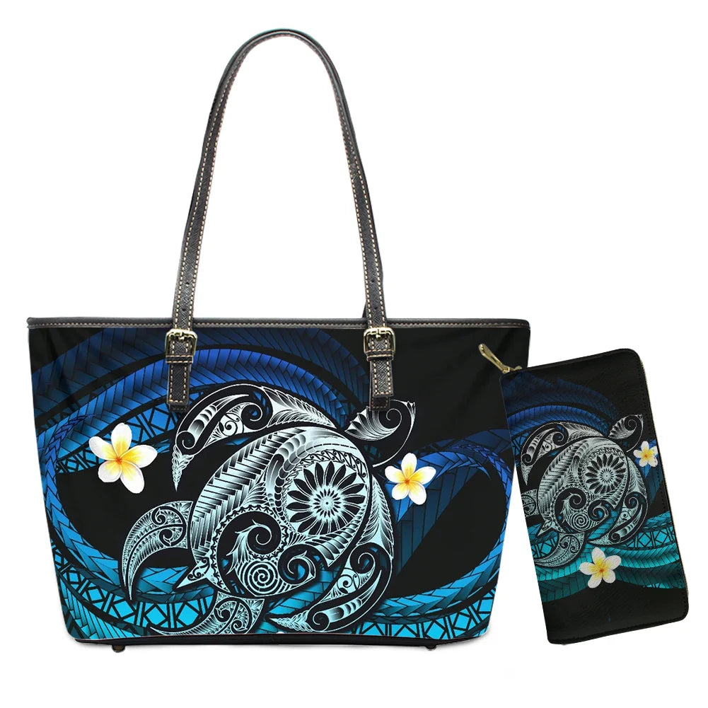 Hawaiian Flower Polynesian Design Print Women Handbags and Purses Set Customized Large Leather Tote Matching Long Zipper Wallet