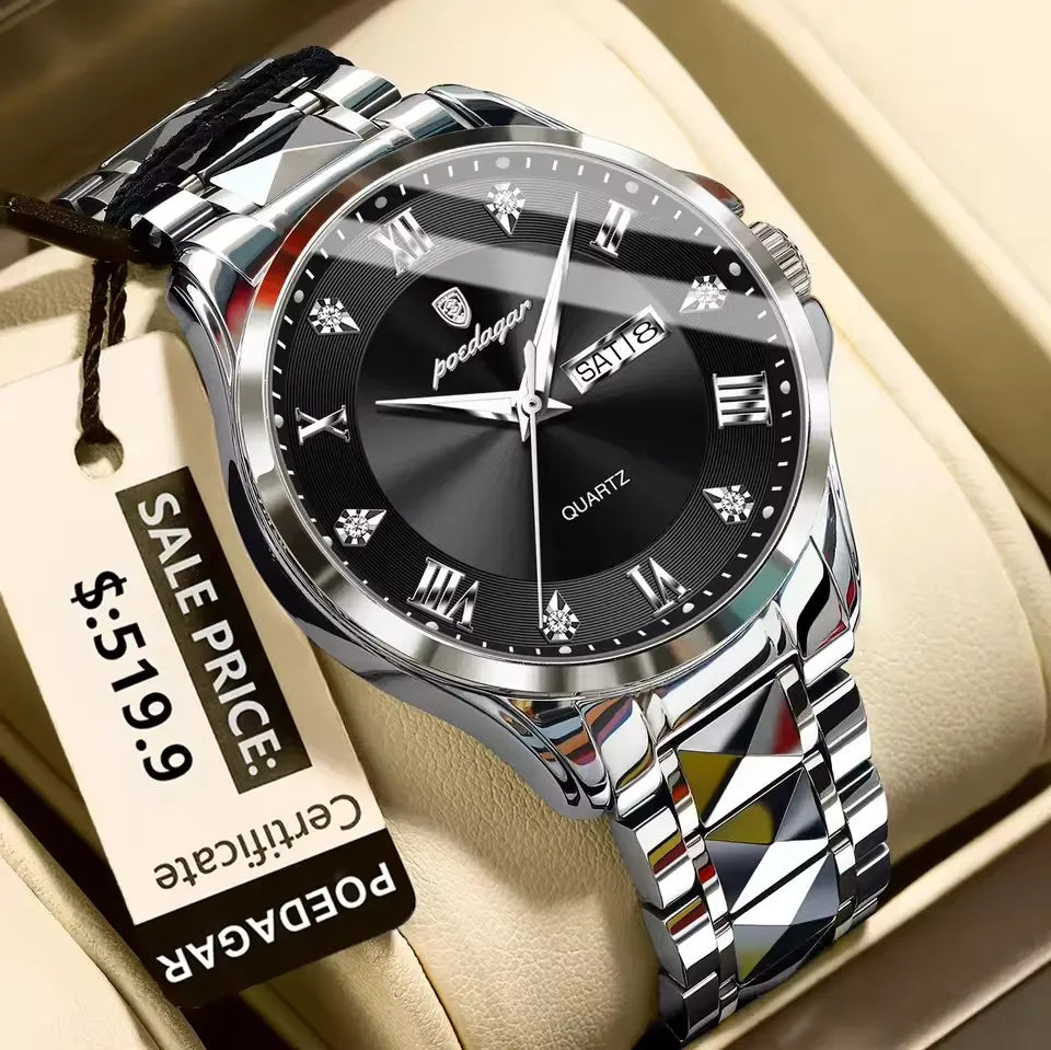 POEDAGAR 883 Stainless Steel Belt Quartz Men's Watches Male Reloj Fashion Men Clock Waterproof Luminous Date Week Man Wristwatch