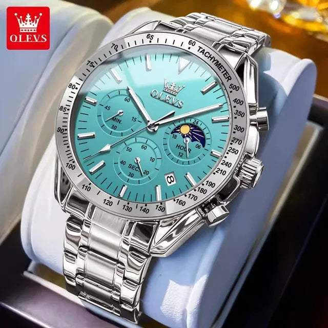 OLEVS Watch for Men 3618 Quartz Stainless Steel Waterproof Moon Phase Chronograph Man Wrist Watch Calendar Men's Watches Montre