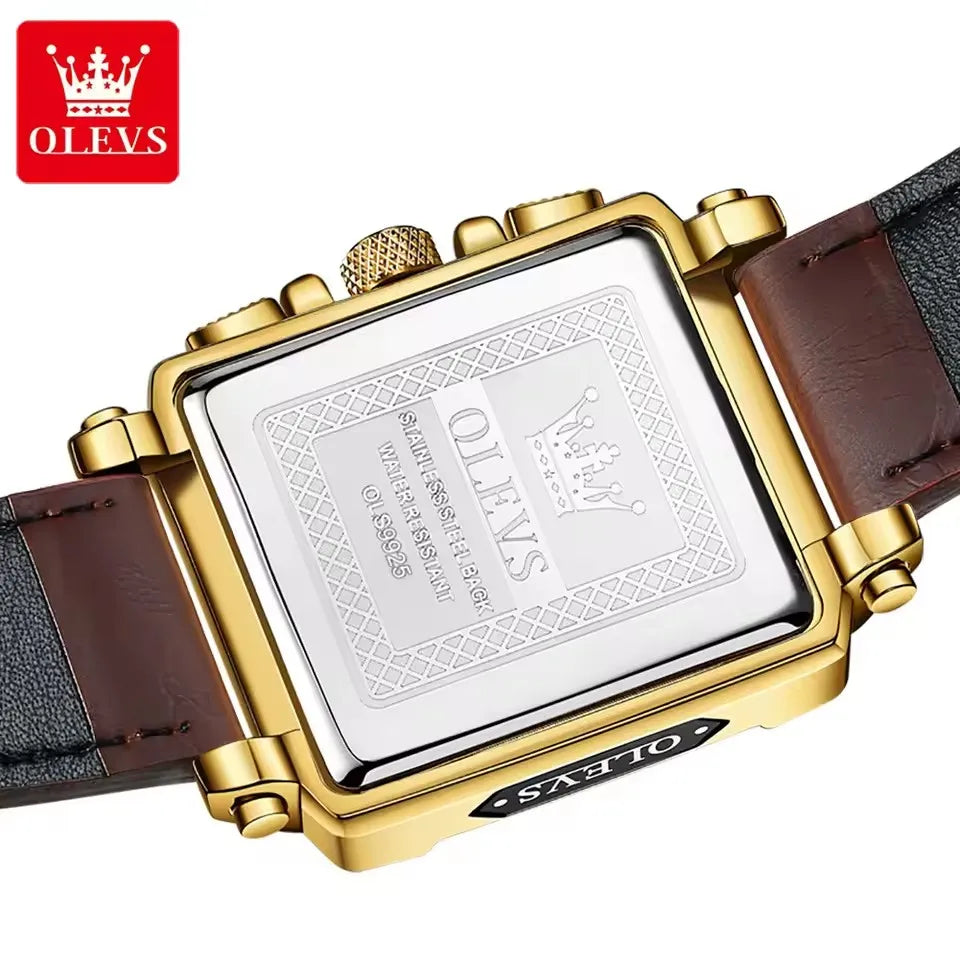 OLEVS Men's Watches 9925 Gold Black Square Quartz Watch Men Classic Leather Strap Fashion Waterproof Chronograph Wristwatch