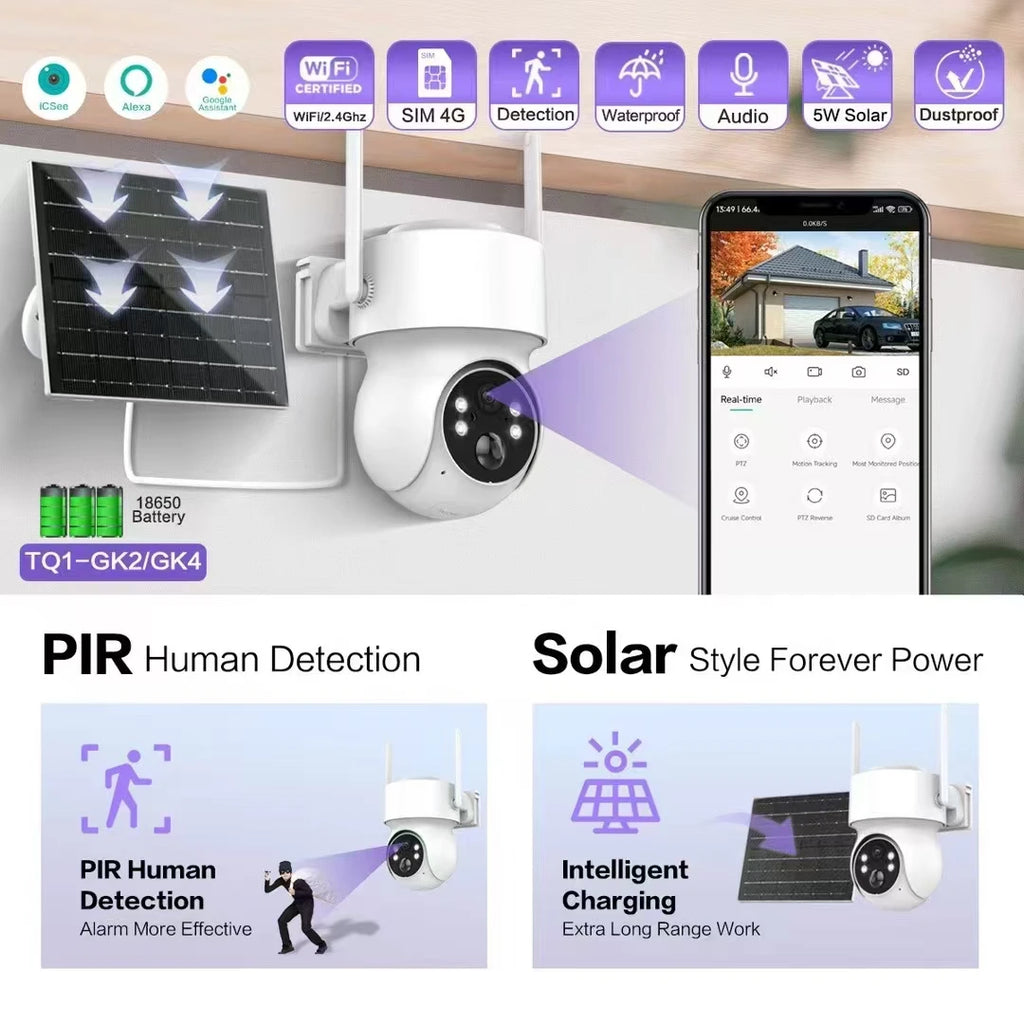 Icsee 3MP WiFi Outdoor Solar PTZ CCTV IP Security Camera Home 360 Ptz Mini Solar Surveillance System with Built-in Mic